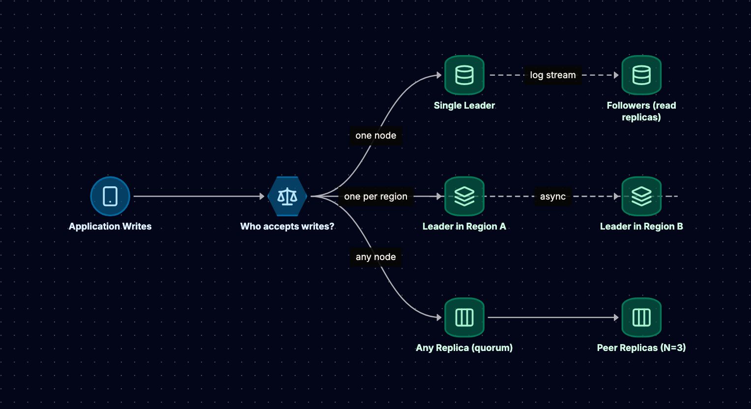 A map of the three replication topologies: a single leader that streams its log to read replicas, one leader per region that replicates asynchronously to its peer, and a leaderless design where any replica accepts writes under a quorum.