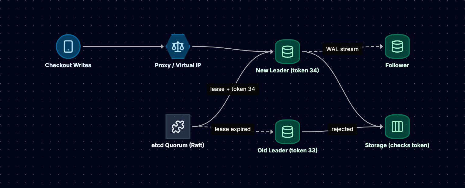 Single-leader failover: the consensus quorum lets the old leader's lease expire and grants a new lease with fencing token 34, the proxy routes checkout writes to the new leader, and the storage layer rejects writes from the old leader carrying token 33.