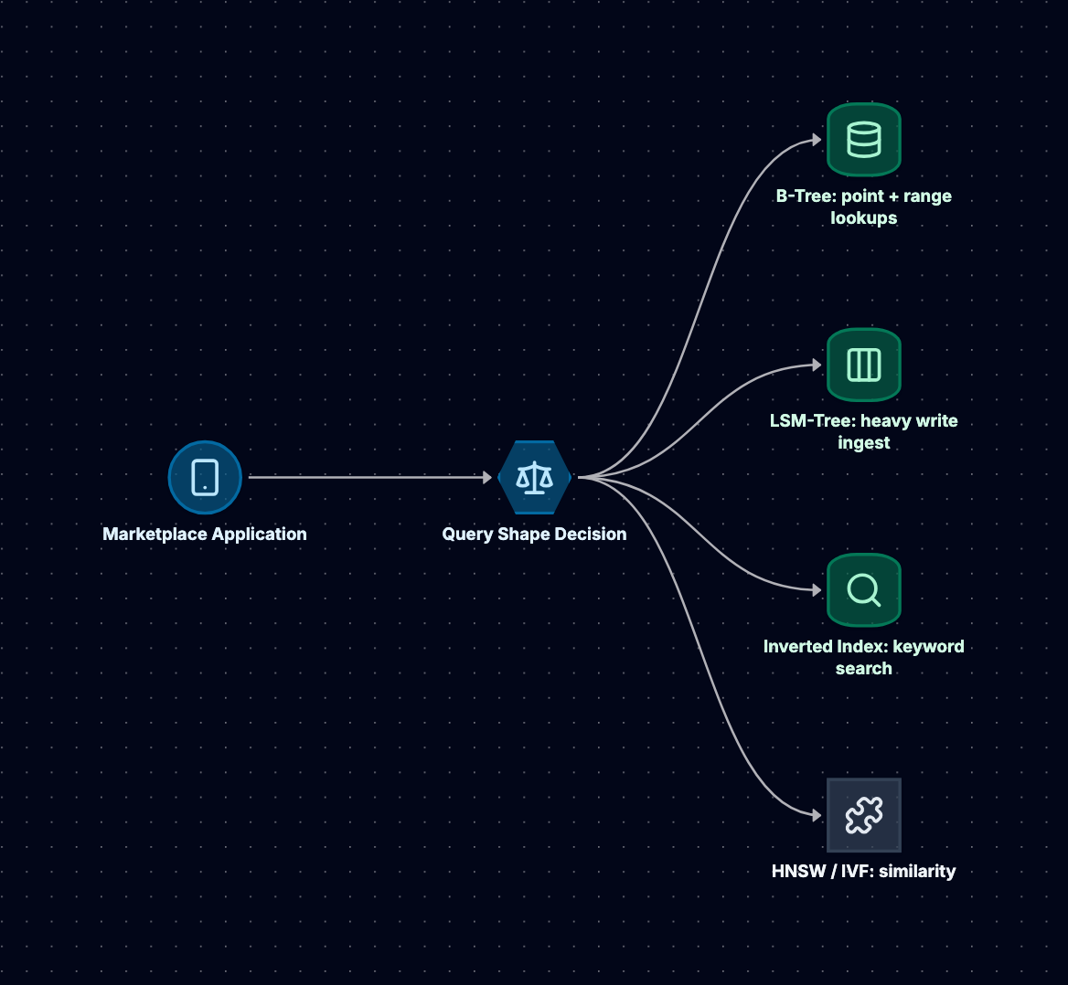An engine map: the marketplace application routes each query shape to a different structure, with point and range lookups going to a B-tree, heavy write ingest going to an LSM-tree, keyword search going to an inverted index, and similarity search going to an HNSW or IVF vector index.